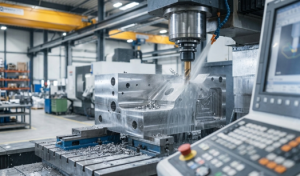 Centro de usinagem CNC na Femes realiza o fresamento de alta precisão em uma peça metálica espessa. O processo industrial conta com fluido refrigerante e painel de controle.