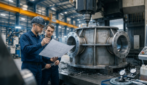 Dois técnicos da Femes analisam projeto de usinagem industrial ao lado de grande peça metálica em centro de usinagem CNC na planta fabril.