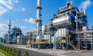 Complexo industrial com grandes estruturas metálicas e tubulações, representando a atuação da Femes em caldeiraria, usinagem e soluções industriais sob medida.